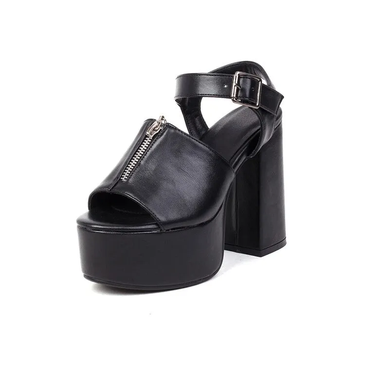 Women's Glossy Zipper Ankle Strap Buckle Thick Sole Block Heel Platform Sandals