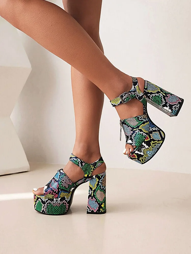 Women's Glossy Zipper Ankle Strap Buckle Thick Sole Block Heel Platform Sandals