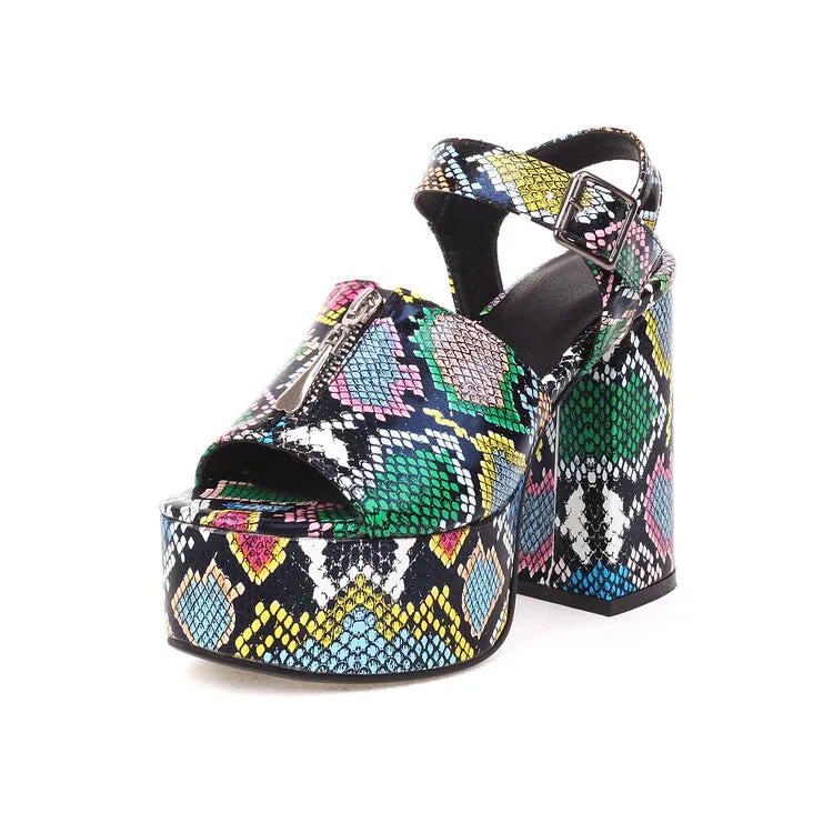 Women's Glossy Zipper Ankle Strap Buckle Thick Sole Block Heel Platform Sandals