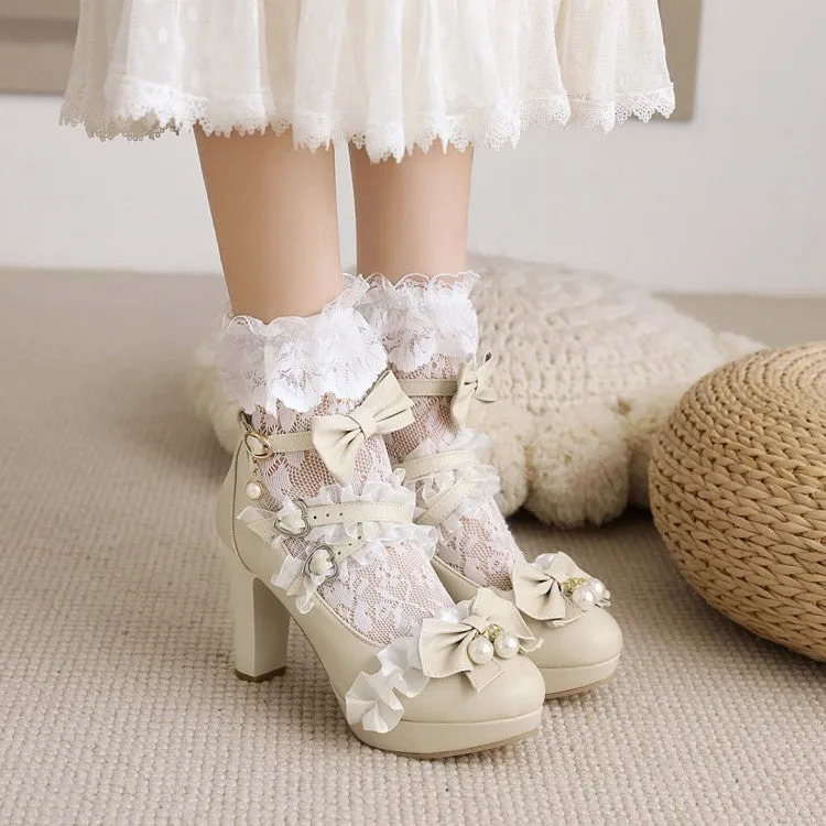 Women's Platform Pumps High Heel Mary Janes Shoes with Bowtie