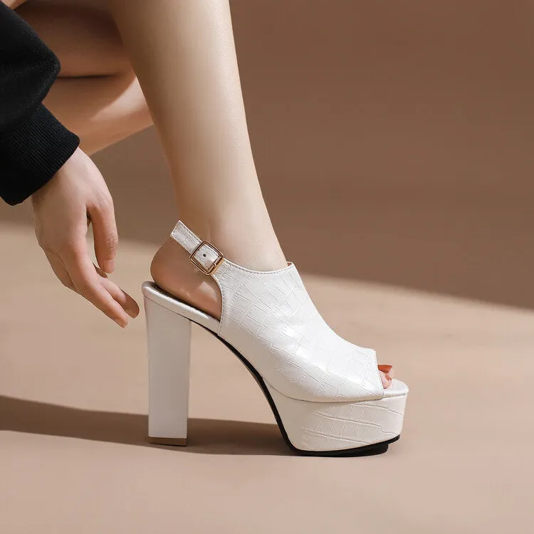 Women's Snake Print Hollow Out Ankle Strap Chunky Heel Platform Sandals