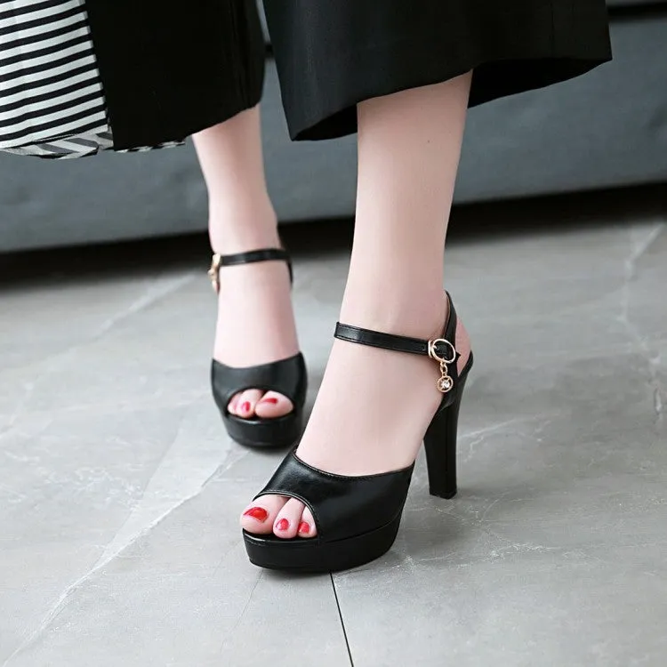 Women's Solid Color Peep Toe Ankle Strap High Heel Platform Sandals