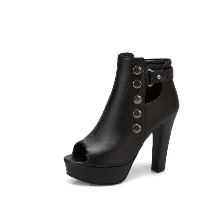 Women's Solid Color Peep Toe Rivets Ankle Wrap Chunky Heel Platform Sandals