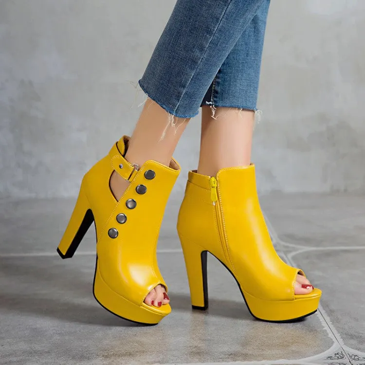 Women's Solid Color Peep Toe Rivets Ankle Wrap Chunky Heel Platform Sandals