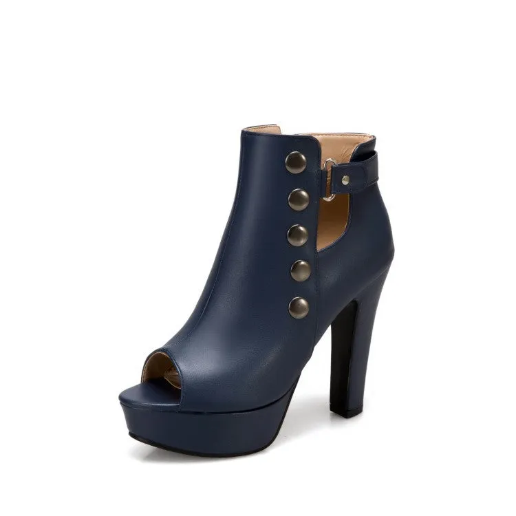 Women's Solid Color Peep Toe Rivets Ankle Wrap Chunky Heel Platform Sandals