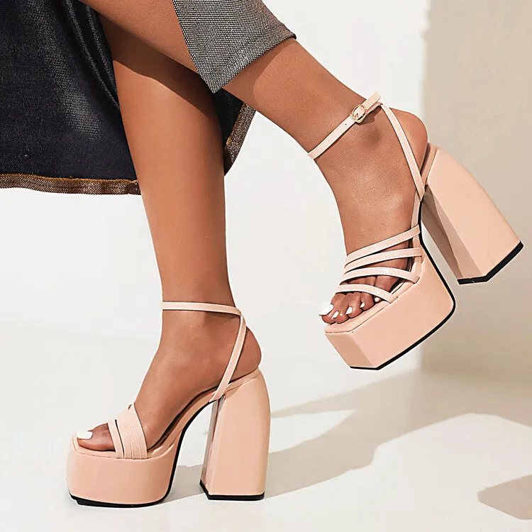 Women's Solid Color Square Toe Chunky Heel High Heels Platform Sandals