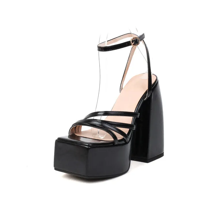 Women's Solid Color Square Toe Chunky Heel High Heels Platform Sandals