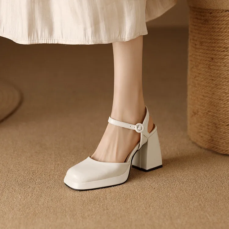 Women's Square Toe Buckle Straps Block Heel Platform Sandals