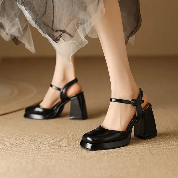 Women's Square Toe Buckle Straps Block Heel Platform Sandals