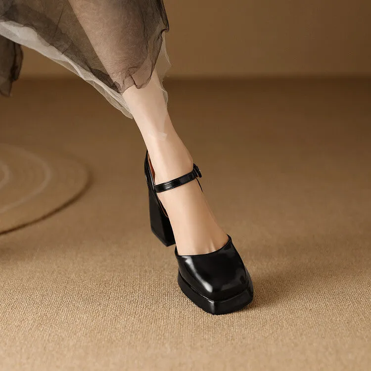 Women's Square Toe Buckle Straps Block Heel Platform Sandals
