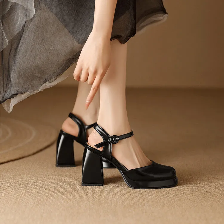 Women's Square Toe Buckle Straps Block Heel Platform Sandals