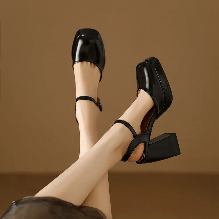 Women's Square Toe Buckle Straps Block Heel Platform Sandals