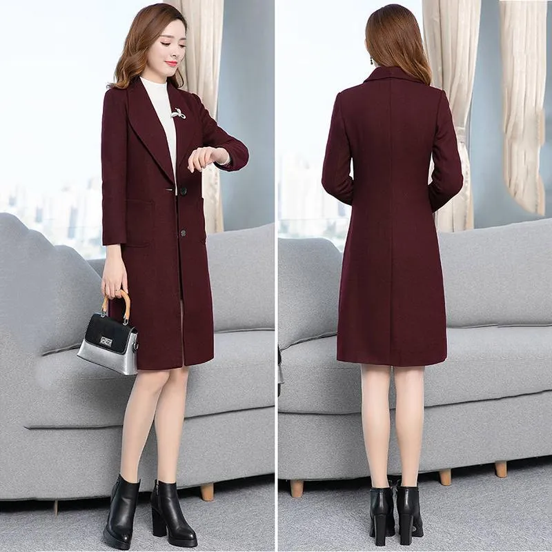 Wool Coat Women Jacket Elegant  Office Work Long Coats Fashion Coats Lady Slim Long Sleeve Overcoat