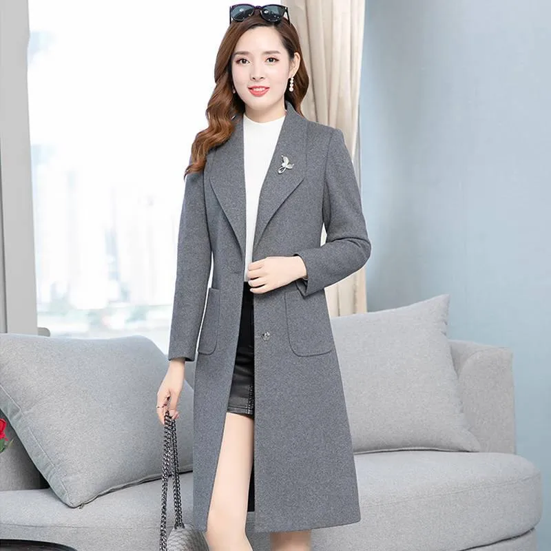 Wool Coat Women Jacket Elegant  Office Work Long Coats Fashion Coats Lady Slim Long Sleeve Overcoat