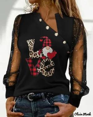 Xieyinshe - Christmas Gnome Print Glitter Sheer Mesh Long Sleeve Top