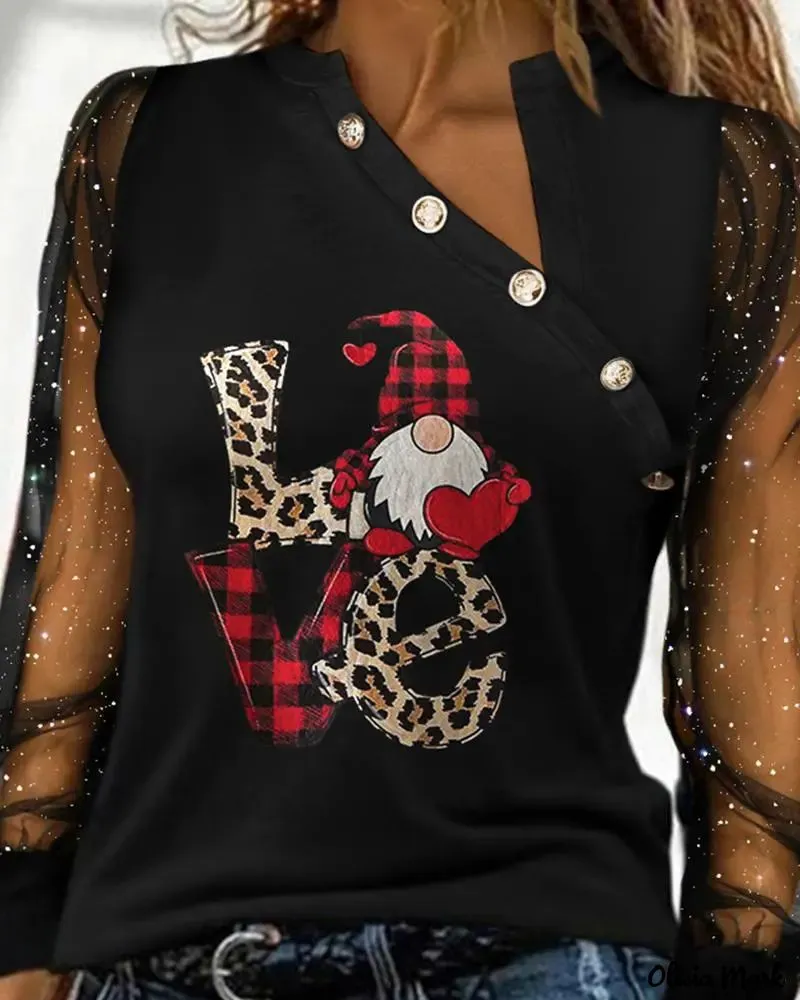 Xieyinshe - Christmas Gnome Print Glitter Sheer Mesh Long Sleeve Top