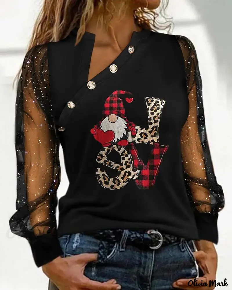Xieyinshe - Christmas Gnome Print Glitter Sheer Mesh Long Sleeve Top