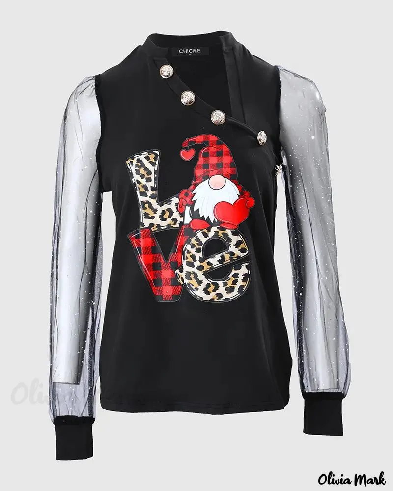 Xieyinshe - Christmas Gnome Print Glitter Sheer Mesh Long Sleeve Top