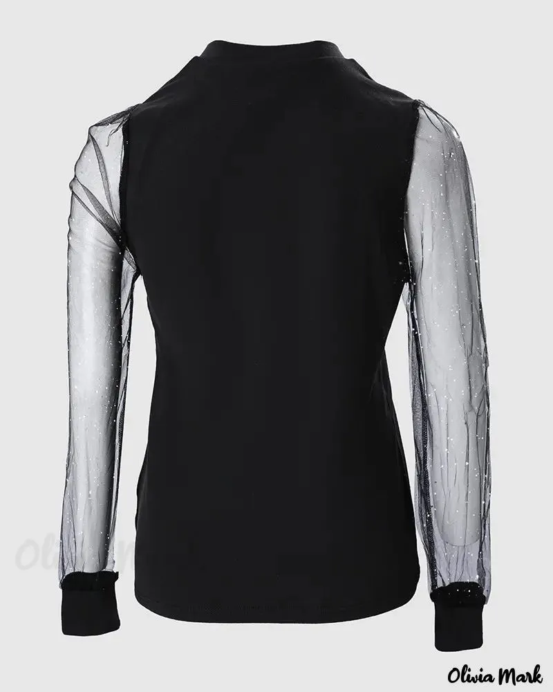 Xieyinshe - Christmas Gnome Print Glitter Sheer Mesh Long Sleeve Top