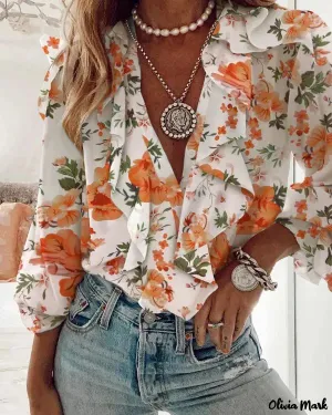 Xieyinshe - Floral Print Ruffle Trim Long Sleeve Top