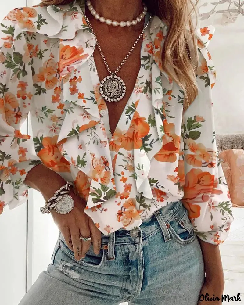 Xieyinshe - Floral Print Ruffle Trim Long Sleeve Top