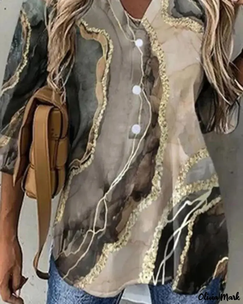 Xieyinshe - Marble Print Long Sleeve Button Down Shirt