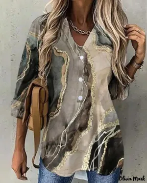 Xieyinshe - Marble Print Long Sleeve Button Down Shirt