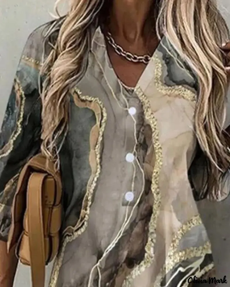 Xieyinshe - Marble Print Long Sleeve Button Down Shirt