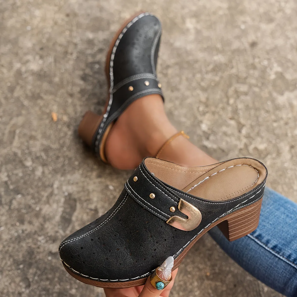 XIEYINSHE  Popular High Heel Sandal Slippers Women's Toe Cap Chunky Heel Mules Shoes