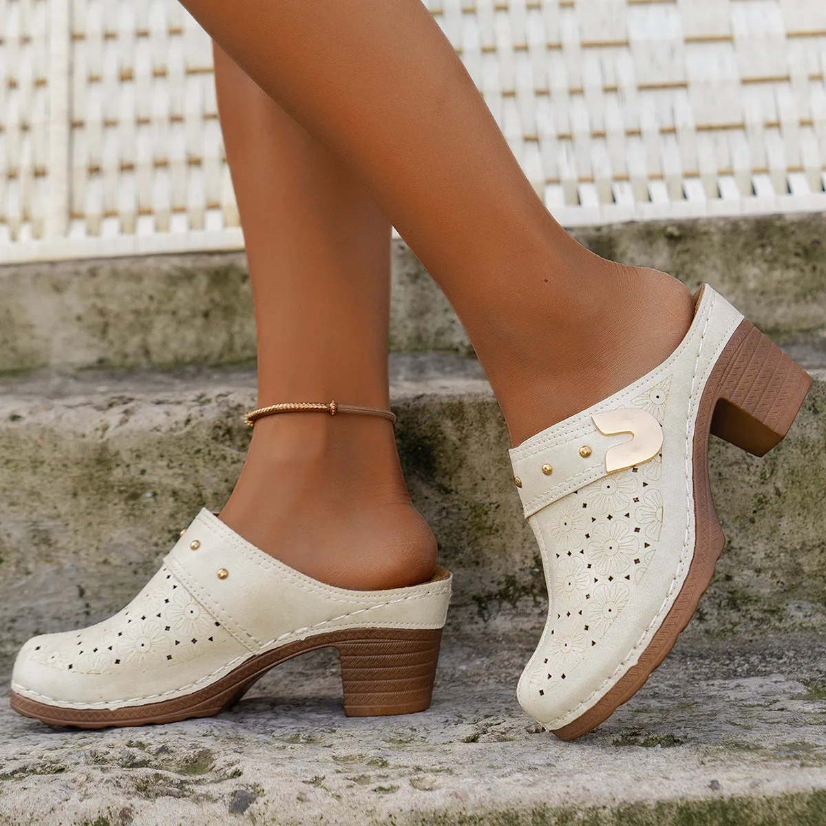 XIEYINSHE  Popular High Heel Sandal Slippers Women's Toe Cap Chunky Heel Mules Shoes