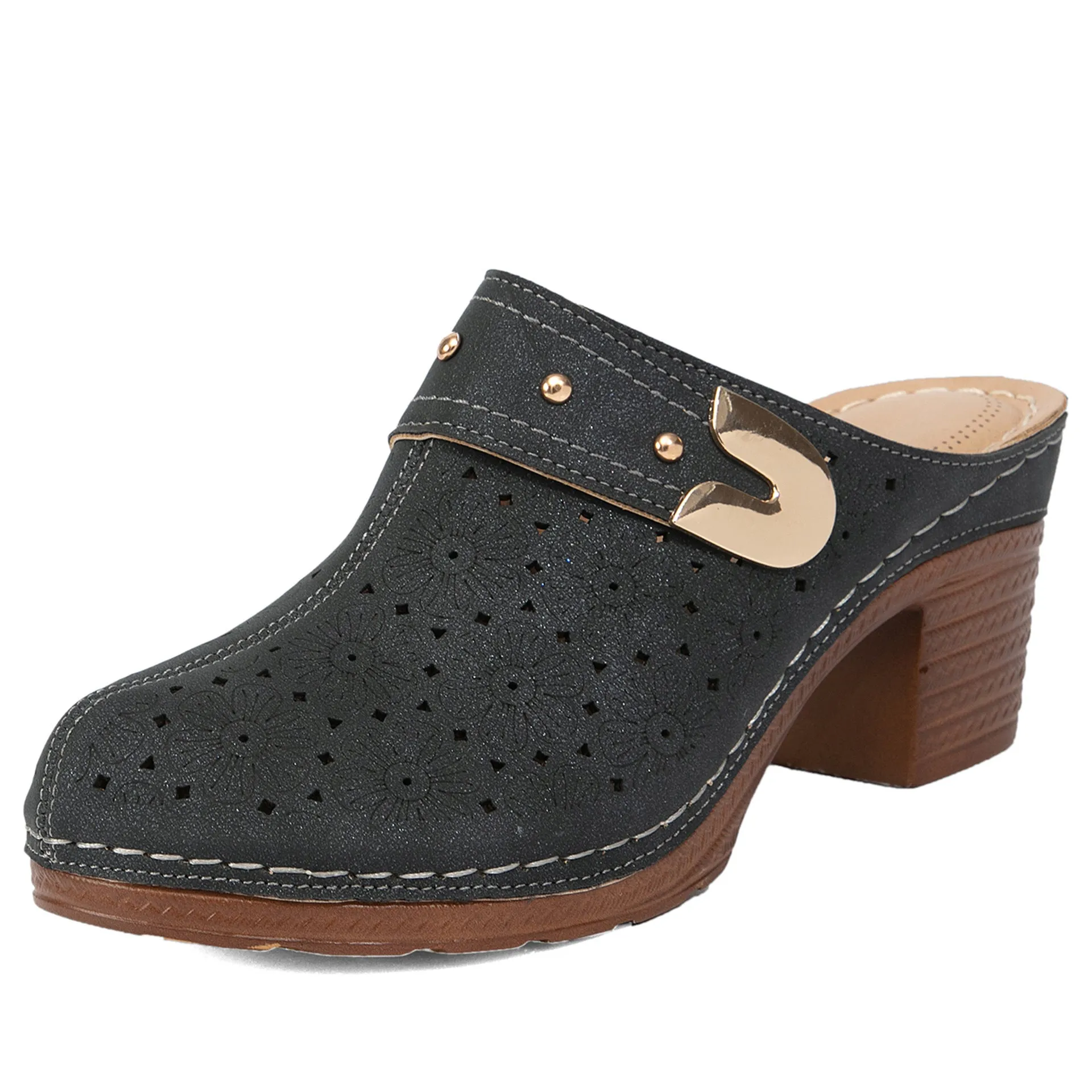 XIEYINSHE  Popular High Heel Sandal Slippers Women's Toe Cap Chunky Heel Mules Shoes