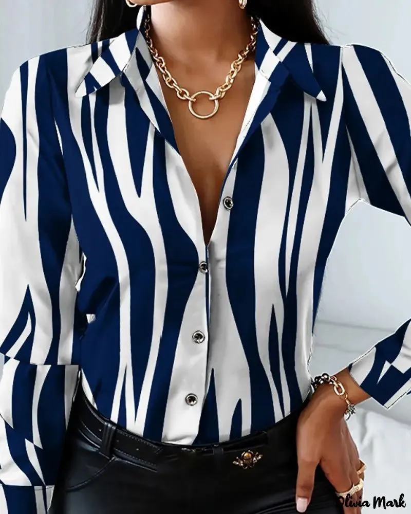 Xieyinshe - Striped Print Button-Up Long Sleeve Top