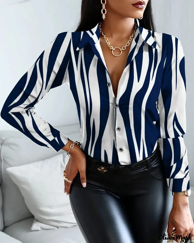 Xieyinshe - Striped Print Button-Up Long Sleeve Top