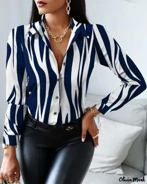 Xieyinshe - Striped Print Button-Up Long Sleeve Top